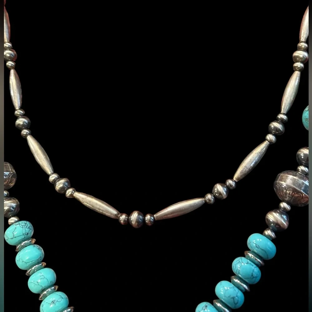 Vintage Sterling Silver Navajo Pearls Turquoise Squash Blossom Necklace - Picture 5 of 15